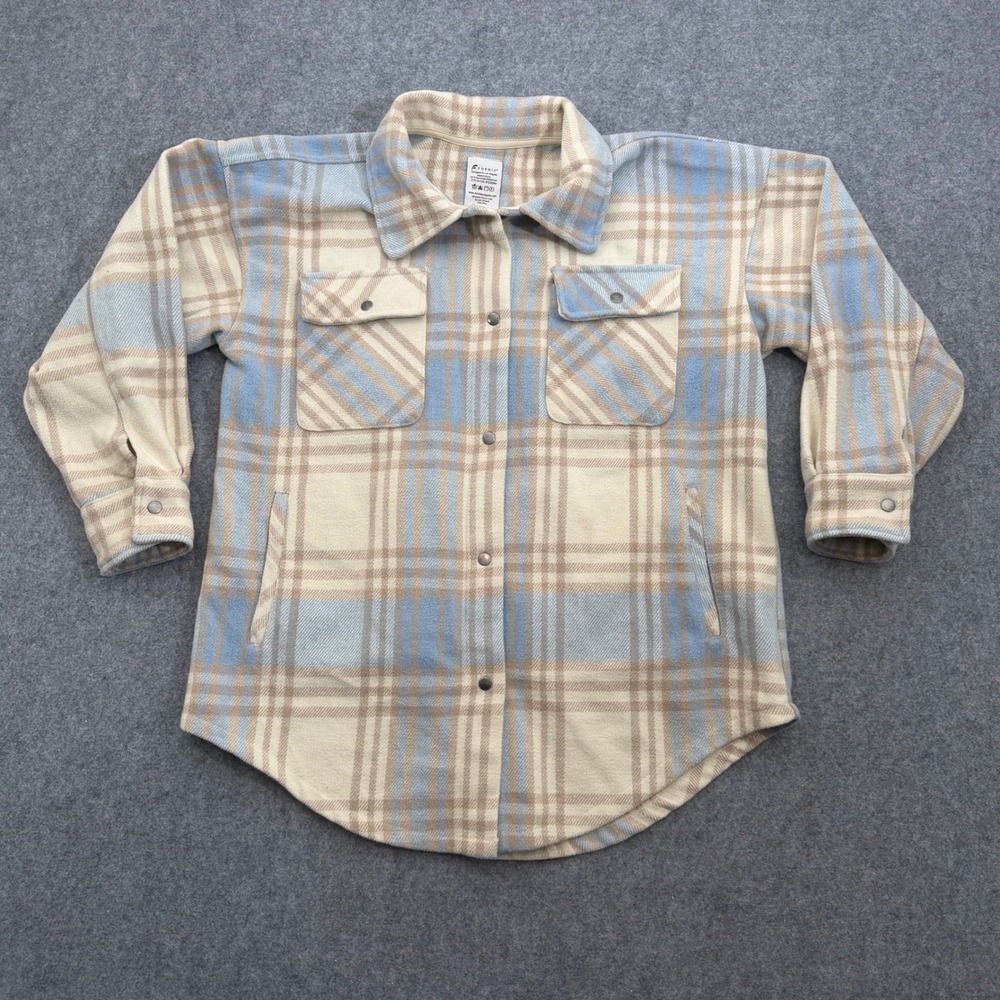 Fornia Los Angeles Plaid Shacket Blue Tan Cream Snap Front Flannel Jacket Medium